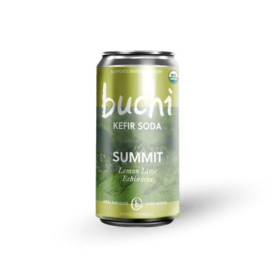  An 8 oz Buchi kombucha can with a green label saying Buchi Kefir Soda Summit Lemon Lime Echinacea