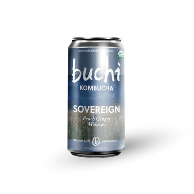 An 8 oz Buchi kombucha can with a metallic blue label saying Buchi Kombucha Sovereign Peach Ginger Molasses