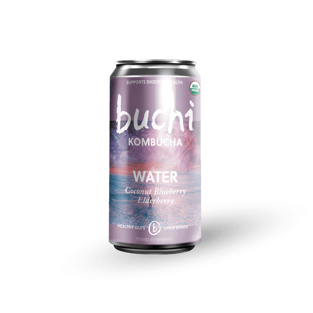 An 8 oz Buchi kombucha can with a metallic purple label saying Buchi Kombucha Water Coconut Blueberry Elderberry